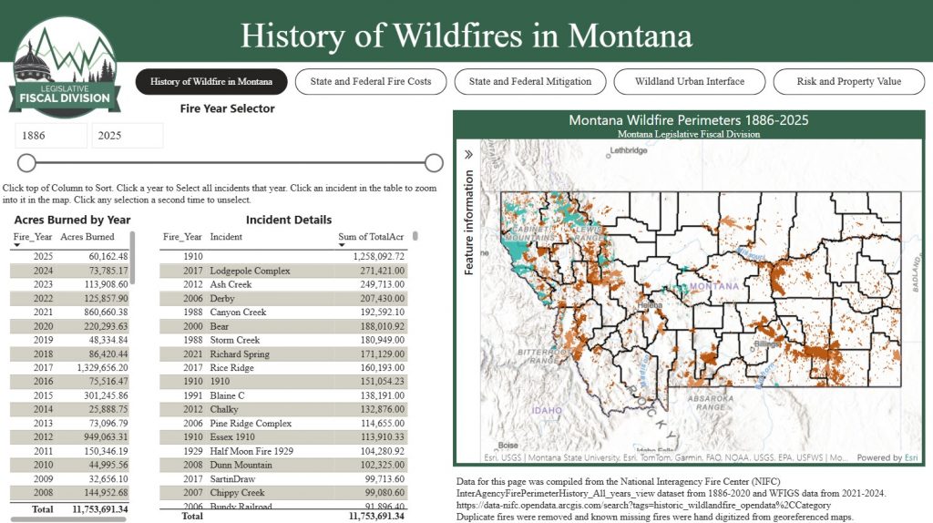 First page of history of wildfires data tool